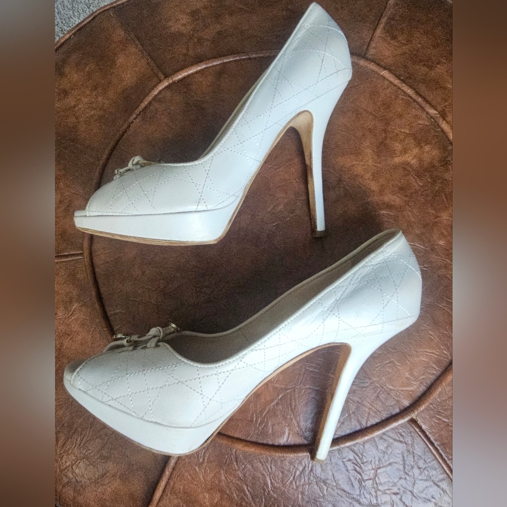 Dior Cream Quilted Leather Peep-Toe Pumps with Lace-Tie Detail - Picture 2 of 4